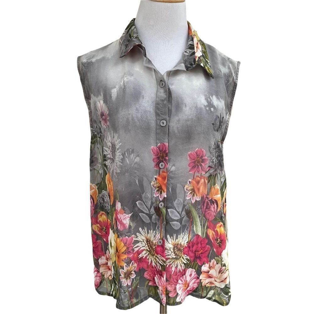 Rokoko by Dazz Sheer Floral Sleeveless Button Down Top S